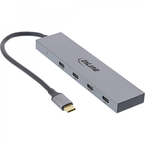 InLine® USB 3.2 Gen.2 Hub (10Gb/s), USB-C zu 4 Port USB-C (1 Port power  through bis 100W), OTG, Aluminiumgehäuse, grau, ohne Netzteil, Hubs, Eingabe / Ausgabe, Produkte