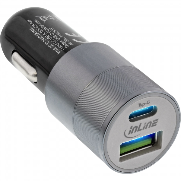 InLine® USB KFZ Ladegerät Stromadapter Quick Charge 3.0, 12/24VDC zu 5V  DC/3A, USB-A + USB-C, schwarz, USB Stromadapter, Strom / Energie / Licht, Produkte