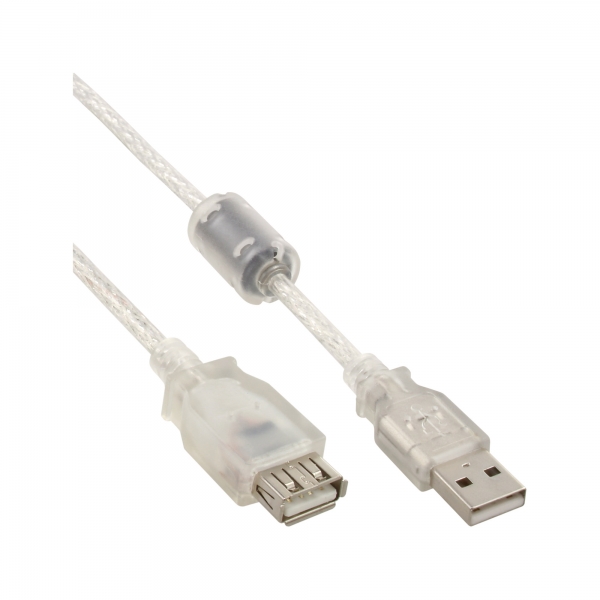 InLine® USB 2.0 Verlängerung, USB-A Stecker / Buchse, transparent, mit Ferritkern, 2m